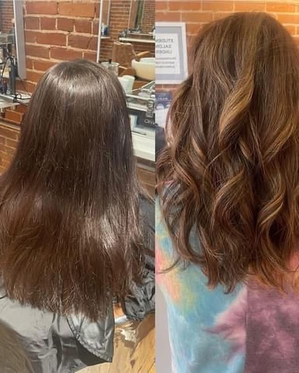 Before and after: sleek dark hair transformed into warm caramel balayage waves