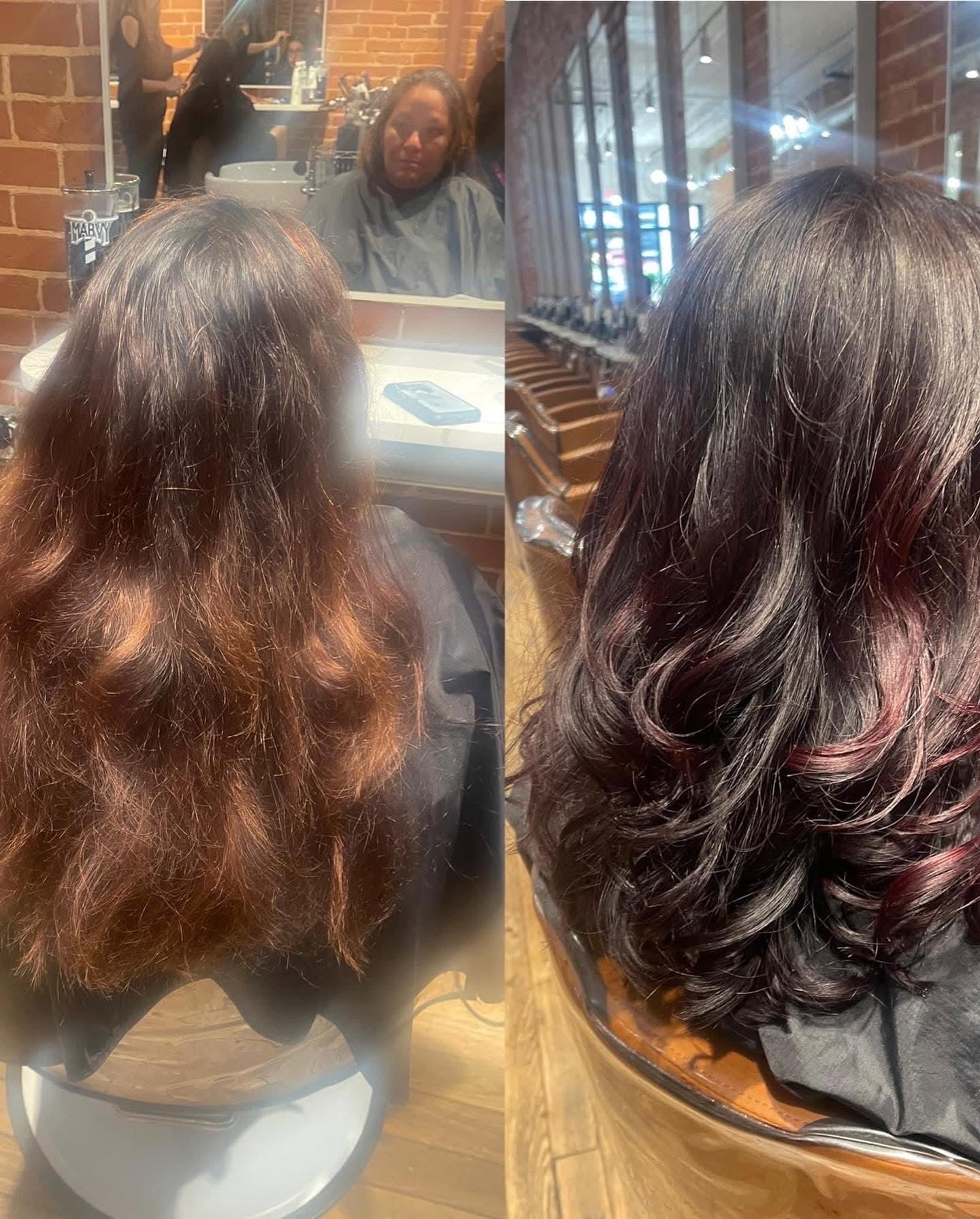 Before and after: frizzy hair restored into voluminous curls with subtle red highlights