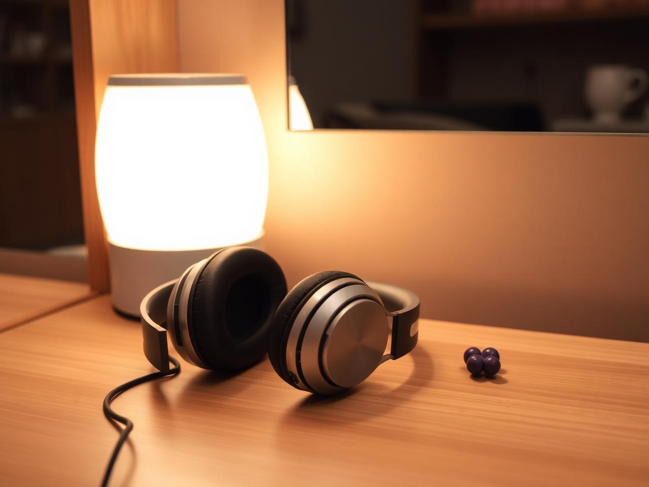 Soft over-ear noise-cancelling headphones resting on the salon counter next to a warm lamp