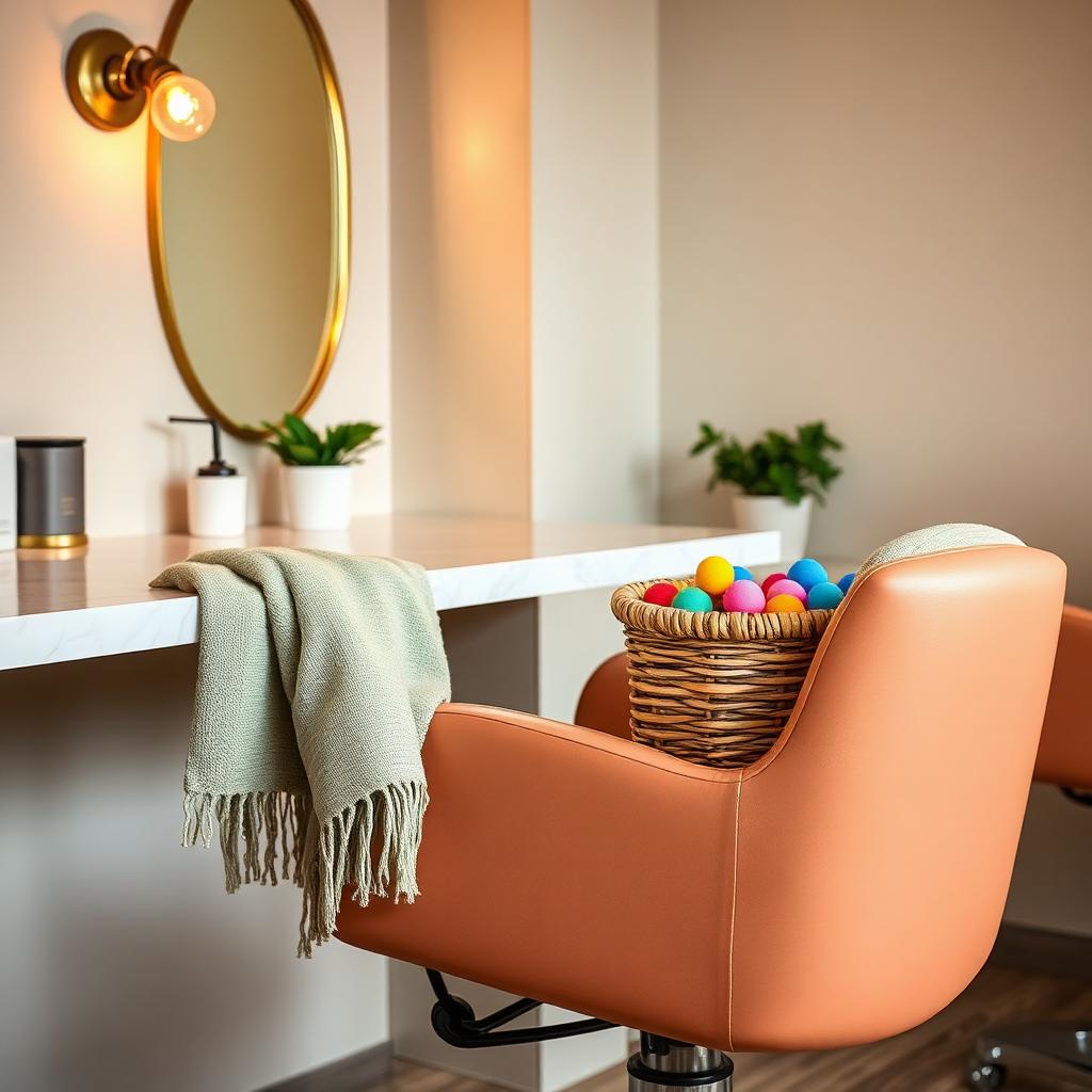 Calming sensory-friendly salon station with fidget toys and warm lighting