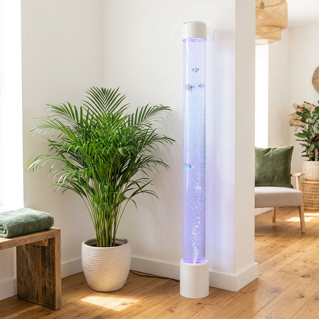 LED sensory bubble tube glowing in a bright salon corner with a green palm plant
